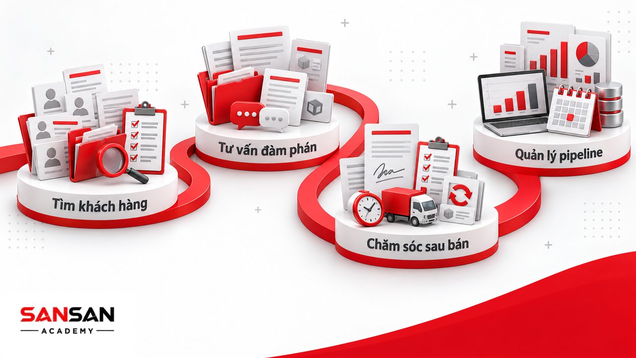 Công việc chuyên viên kinh doanh từ tìm khách, tư vấn, đàm phán đến chăm sóc khách hàng, quản lý pipeline và báo cáo.