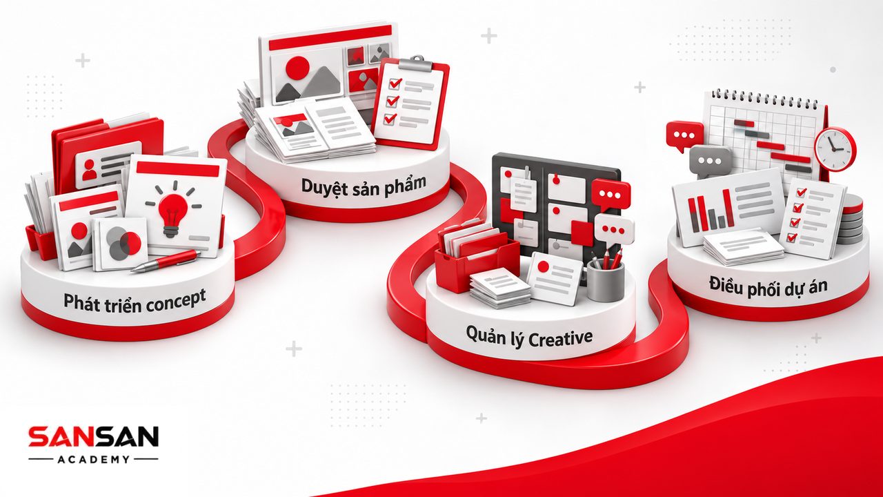 Công việc Creative Director từ phát triển concept và big idea đến duyệt sản phẩm, quản lý đội ngũ và phối hợp dự án.