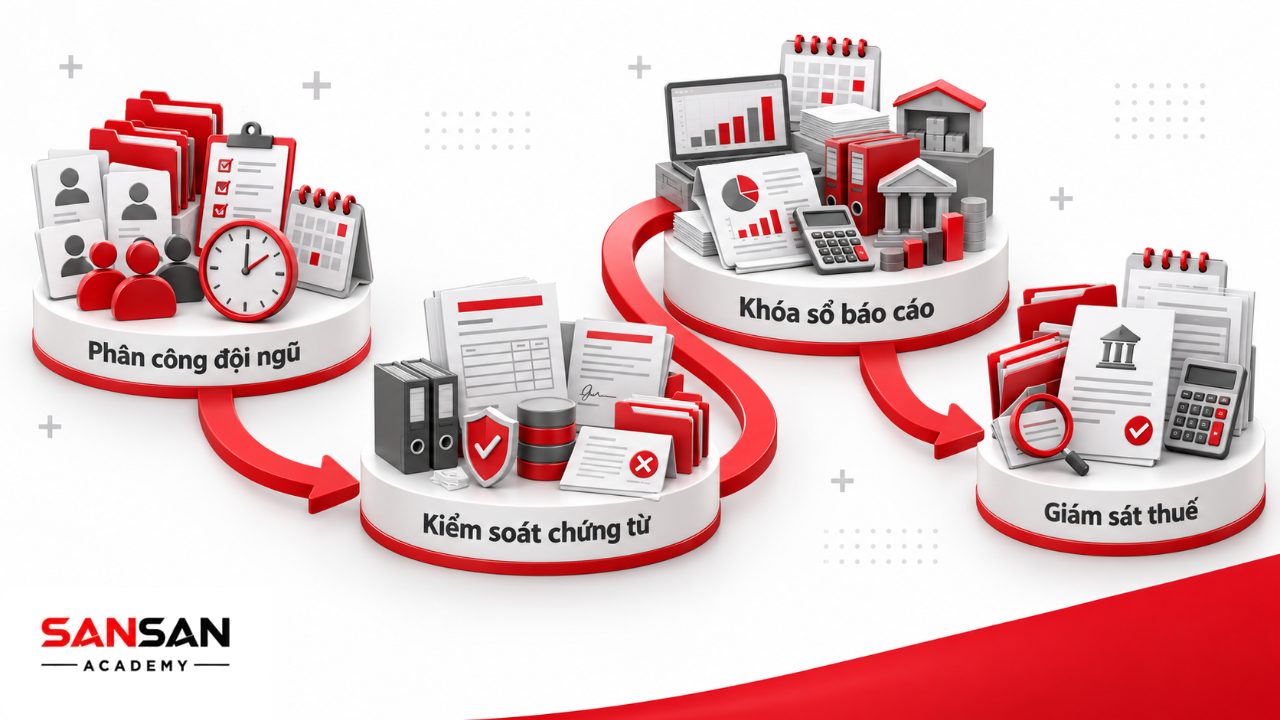 Công việc kế toán trưởng gồm phân công nhân sự, kiểm soát chứng từ hạch toán, khóa sổ lập báo cáo và giám sát kê khai thuế.