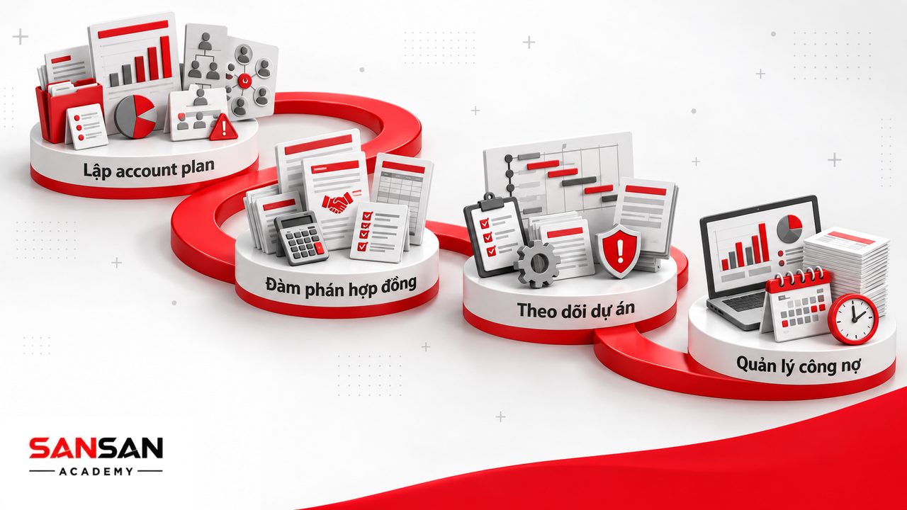 Công việc Key Account Manager từ lập account plan, đàm phán hợp đồng, theo dõi dự án đến quản lý công nợ và báo cáo.
