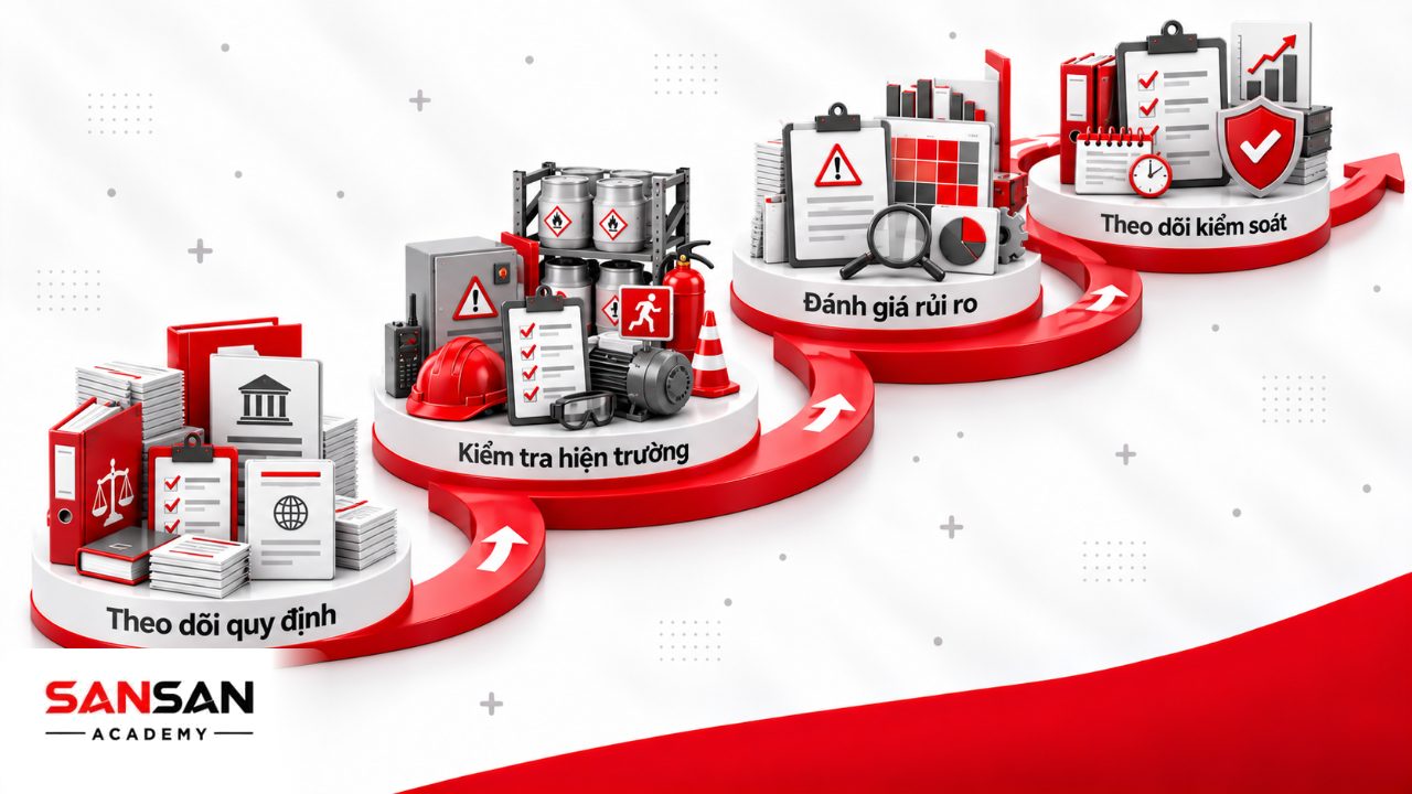 Công việc nhân viên HSE gồm theo dõi quy định, kiểm tra hiện trường, đánh giá rủi ro và đề xuất biện pháp kiểm soát.