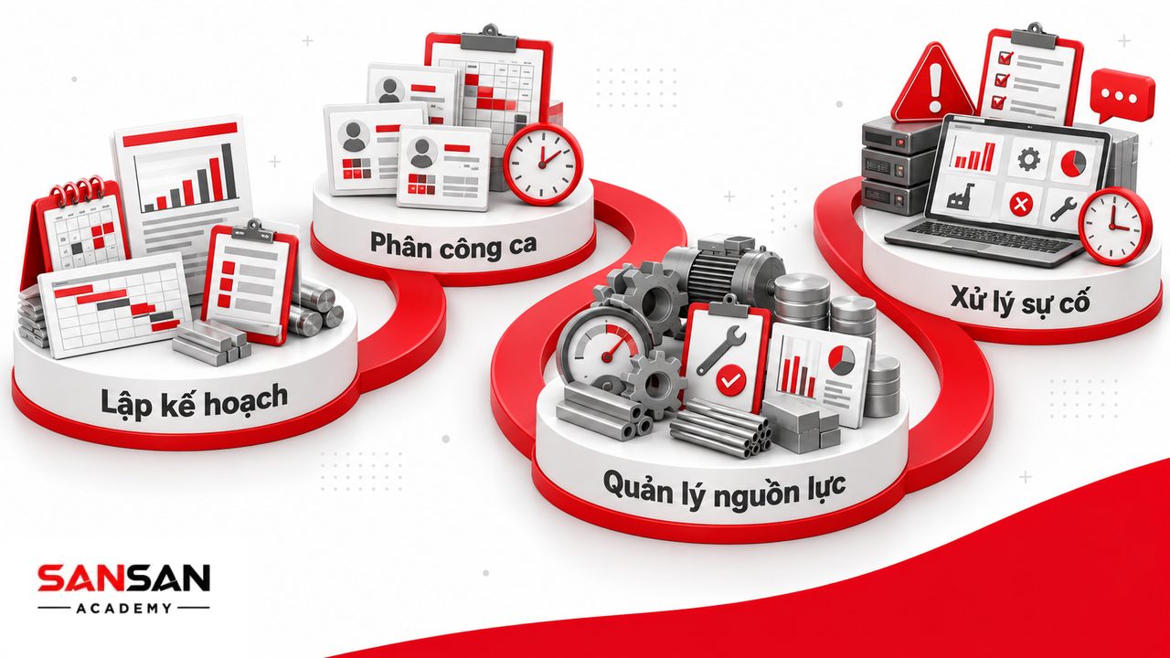 Công việc quản đốc từ lập kế hoạch, phân công nhân sự, quản lý máy móc vật tư đến xử lý sự cố và báo cáo sản xuất.