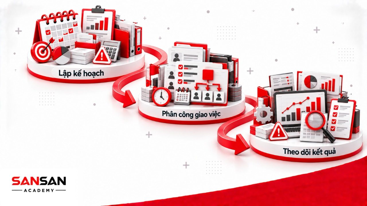 Công việc quản lý cấp trung gồm lập kế hoạch, phân công theo năng lực, kiểm soát tiến độ và theo dõi kết quả của bộ phận.