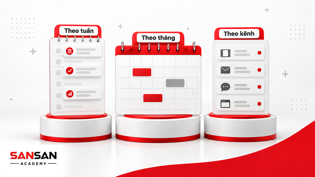 Ba mẫu Content Calendar theo tuần, theo tháng và theo kênh đặt trên ba bệ cạnh nhau