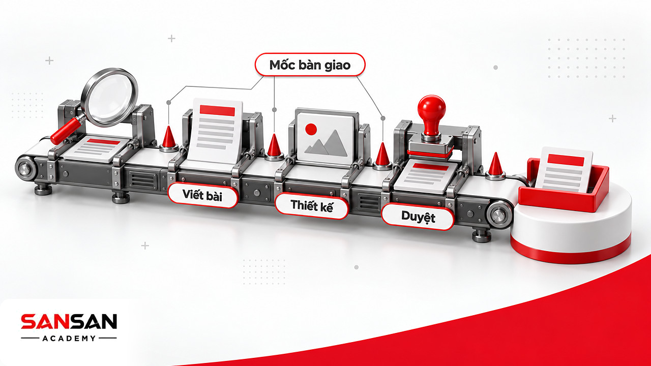 Băng chuyền đưa một nội dung qua nghiên cứu, viết, thiết kế và duyệt với mốc bàn giao trong Content Calendar