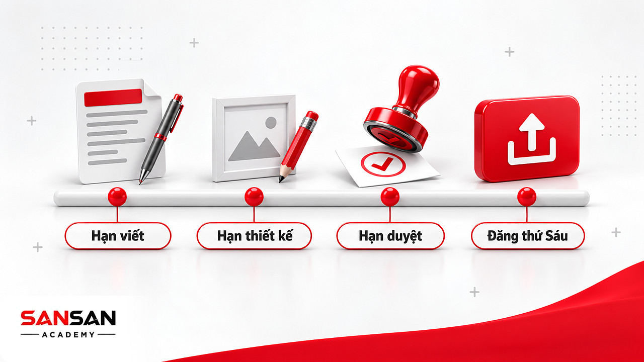Dòng thời gian trong tuần với hạn viết, thiết kế, duyệt trước ngày đăng thứ Sáu của Content Calendar
