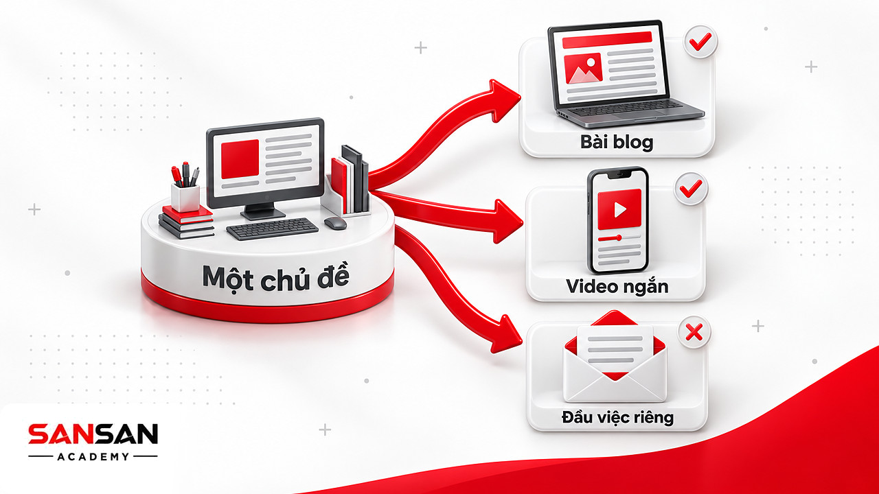 Một chủ đề tỏa thành bài blog, video ngắn và email, mỗi phiên bản có trạng thái riêng trong Content Calendar