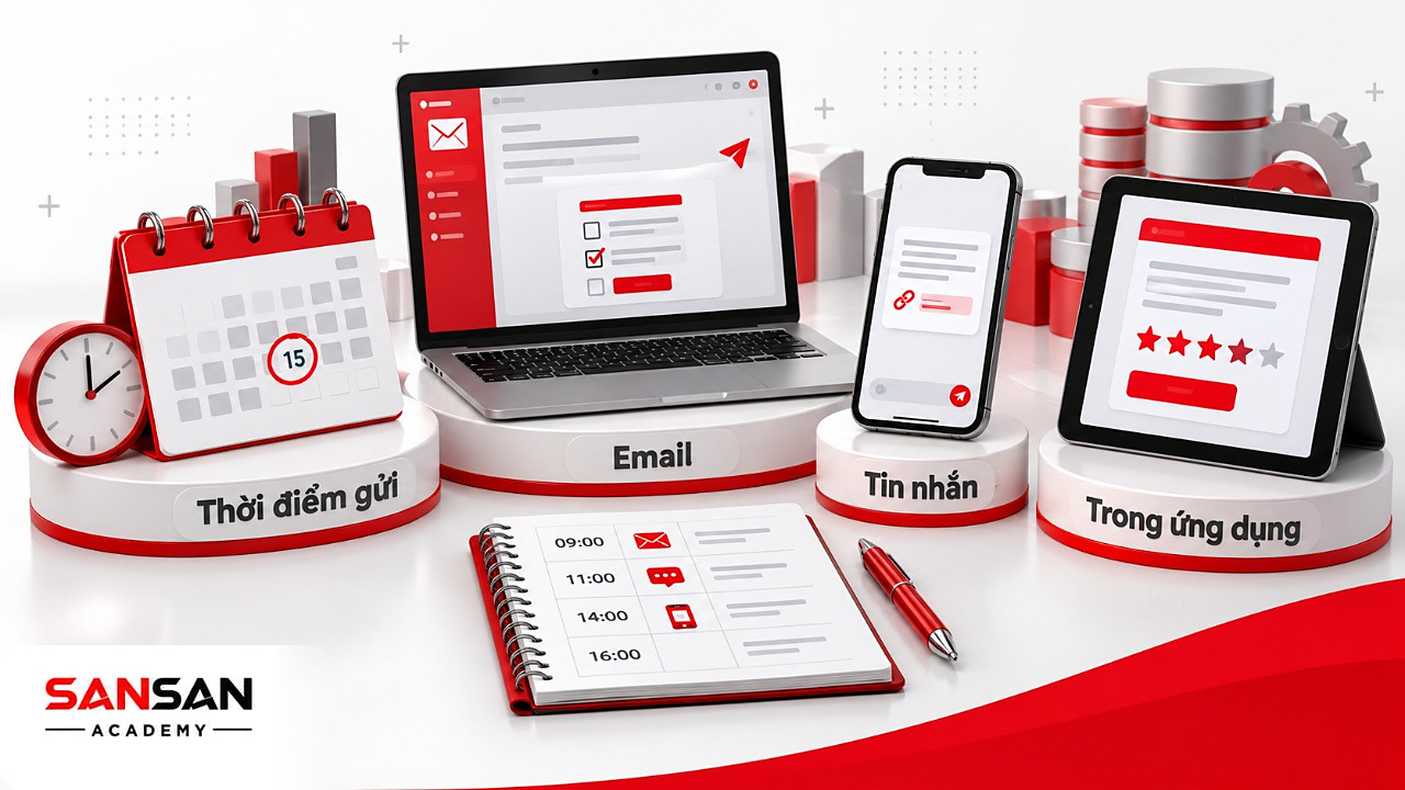 Bàn làm việc có lịch ngày gửi, laptop email, điện thoại tin nhắn và biểu mẫu trong ứng dụng để gửi khảo sát CSAT