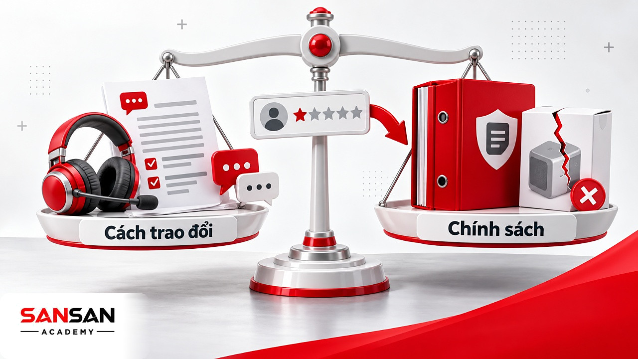Cán cân giữa tai nghe, bản ghi trao đổi của nhân viên và tập chính sách, hộp sản phẩm lỗi khi xét điểm CSAT thấp