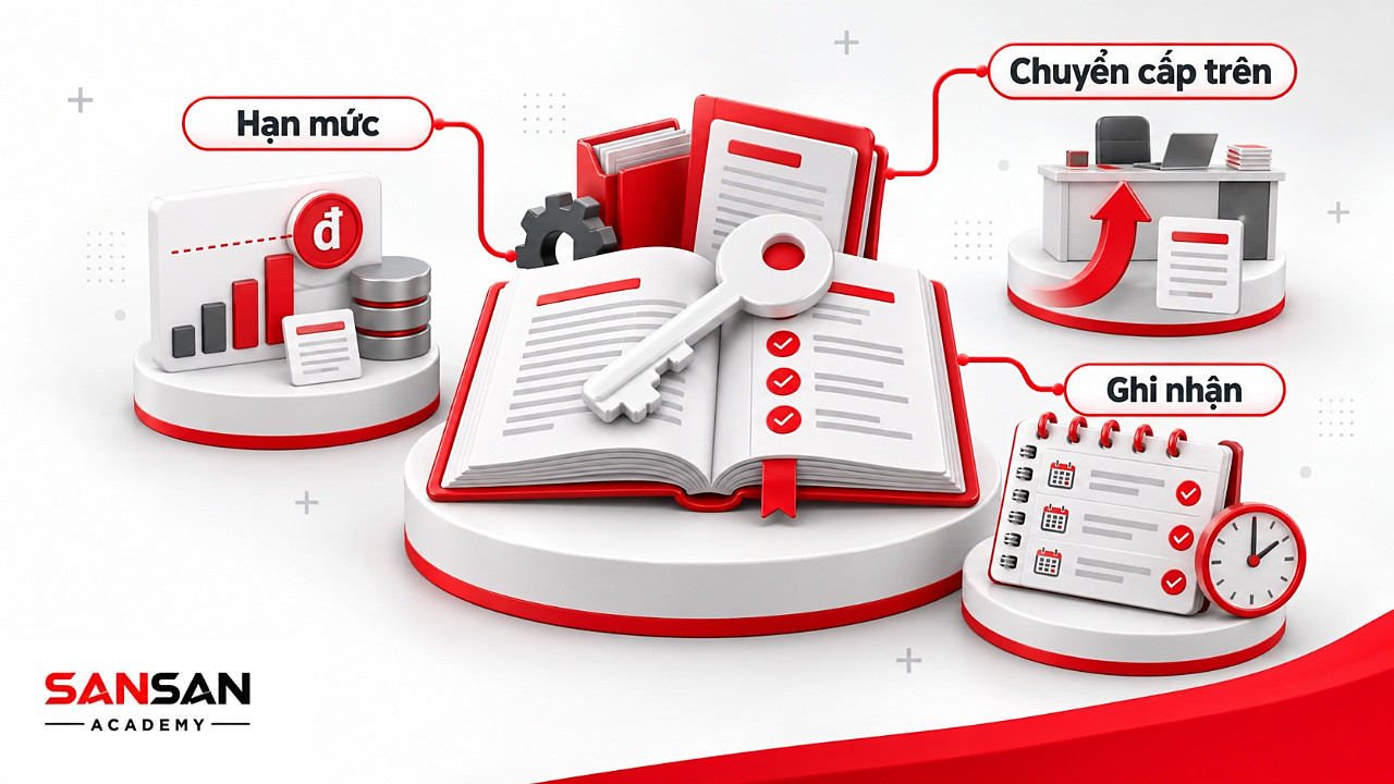 Chìa khóa trắng trên sổ hướng dẫn phân quyền, nối thẻ hạn mức, mũi tên chuyển cấp trên và sổ ghi quyết định
