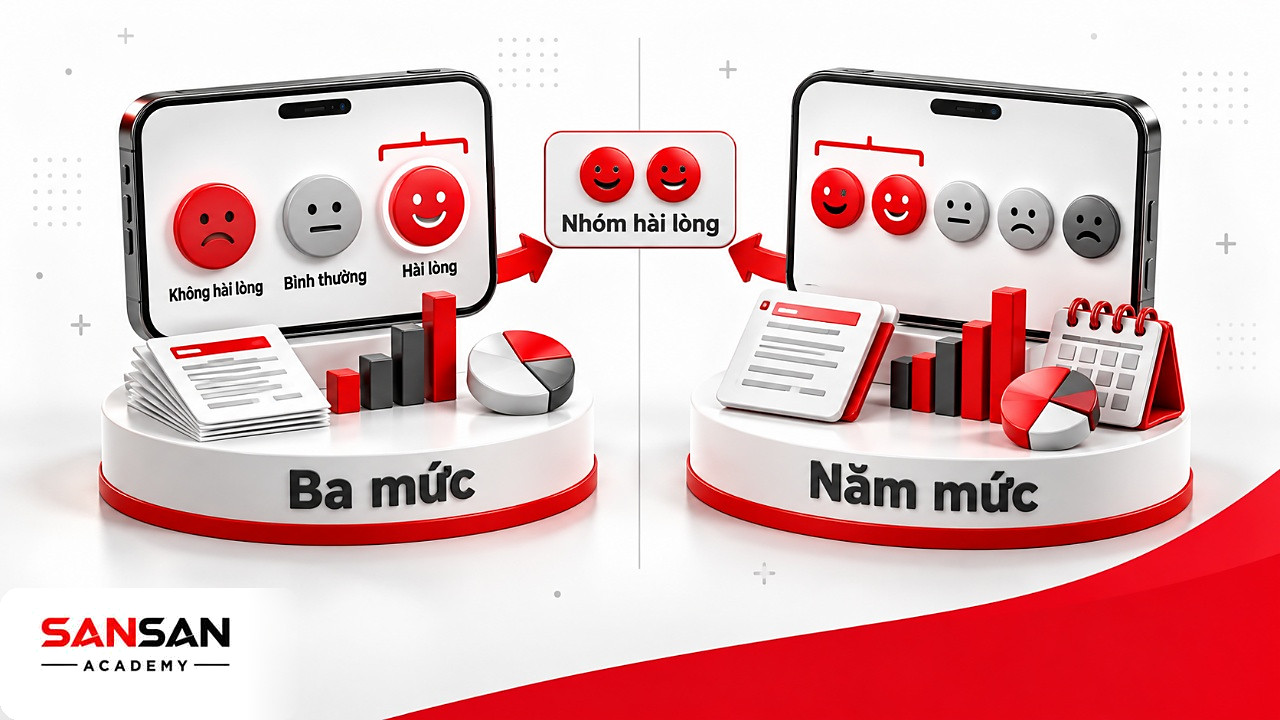 Hai điện thoại so sánh thang biểu tượng cảm xúc ba mức và năm mức có nhãn chữ, ngoặc đỏ đánh dấu nhóm hài lòng CSAT