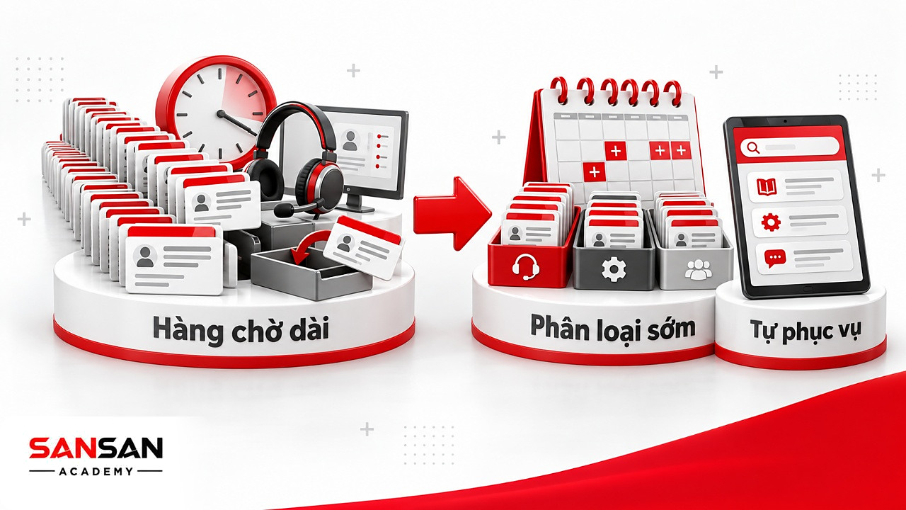 Trước là hàng phiếu hỗ trợ dồn ứ, sau là phiếu chia khay, lịch trực giờ cao điểm và trang tự phục vụ để nâng CSAT