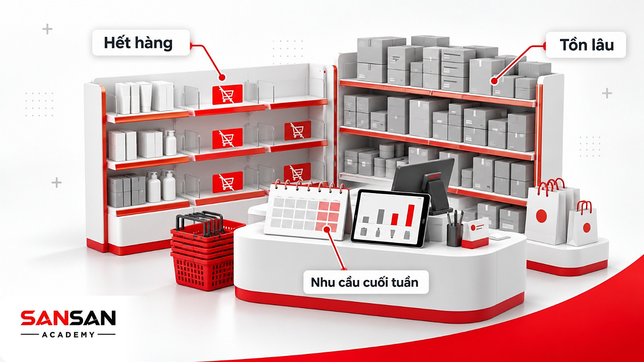 Cửa hàng có kệ hết hàng, kệ tồn lâu và lịch cuối tuần trong ví dụ Data Driven quản lý tồn kho bán lẻ
