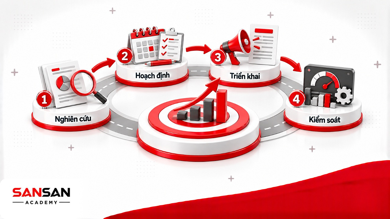 Bốn trạm nghiên cứu, hoạch định, triển khai, kiểm soát quanh mục tiêu kinh doanh của phòng Marketing
