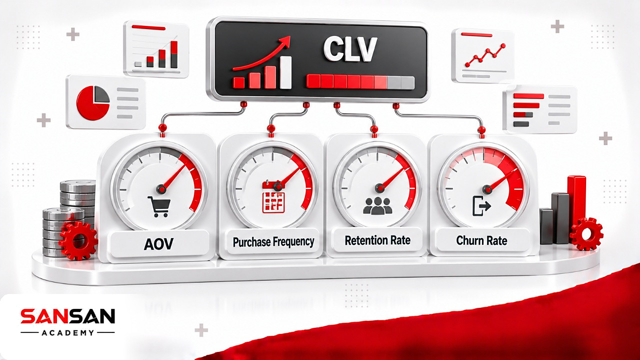 Bảng đồng hồ đo bốn yếu tố ảnh hưởng đến Customer Lifetime Value: AOV, tần suất mua, retention và churn