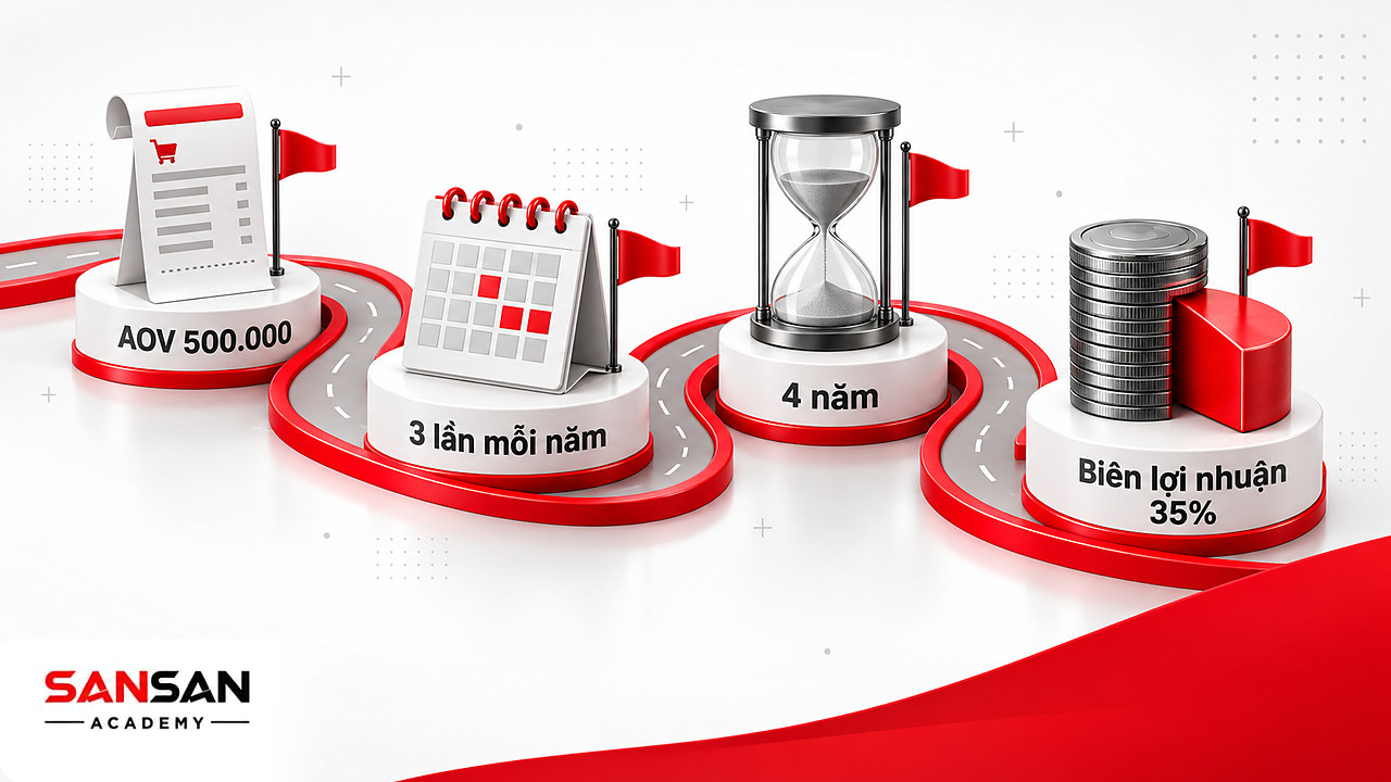 Con đường các bước tính Customer Lifetime Value từ AOV, tần suất, thời gian duy trì đến điều chỉnh biên lợi nhuận