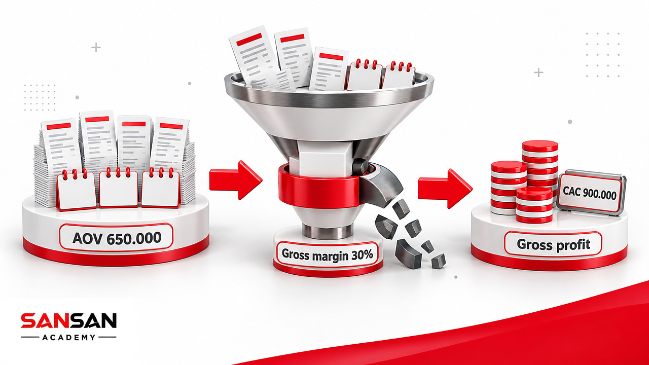 Phễu tính Customer Lifetime Value cho cửa hàng thương mại điện tử từ doanh thu qua biên lợi nhuận ra gross profit