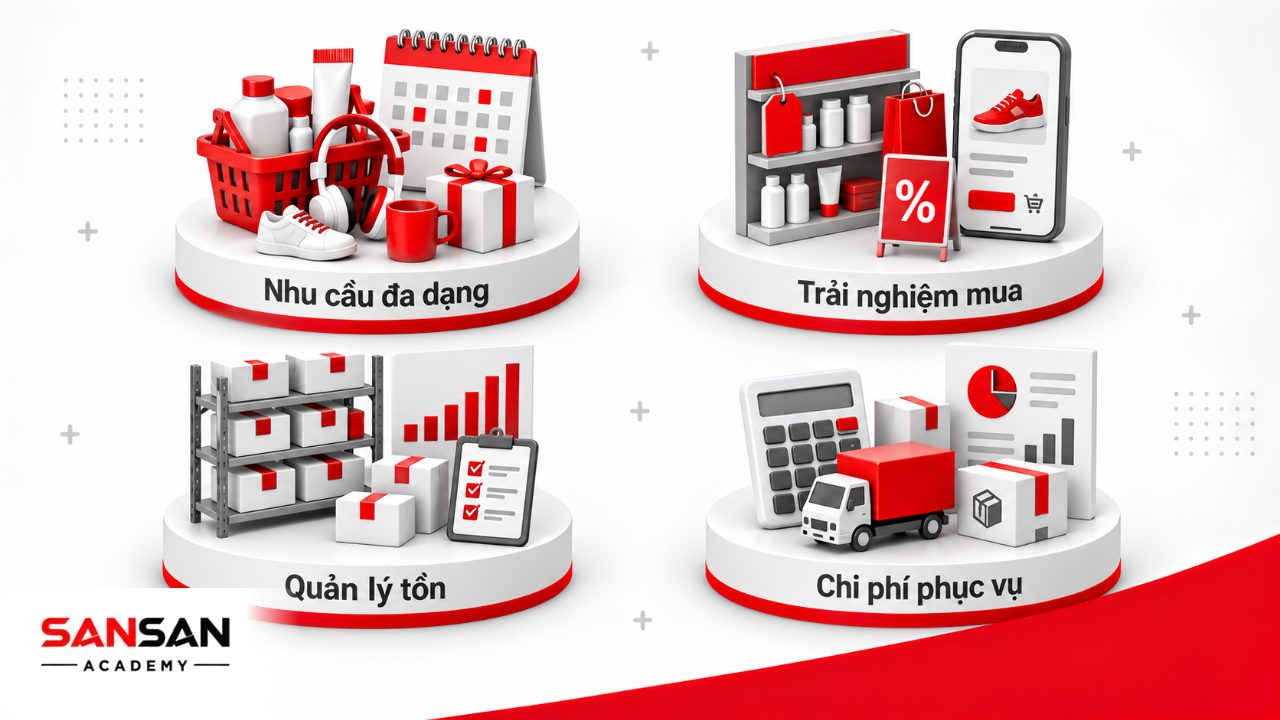 Đặc điểm bán lẻ gồm nhu cầu đa dạng, giao dịch thường xuyên, trải nghiệm mua sắm, tồn kho và chi phí phục vụ.
