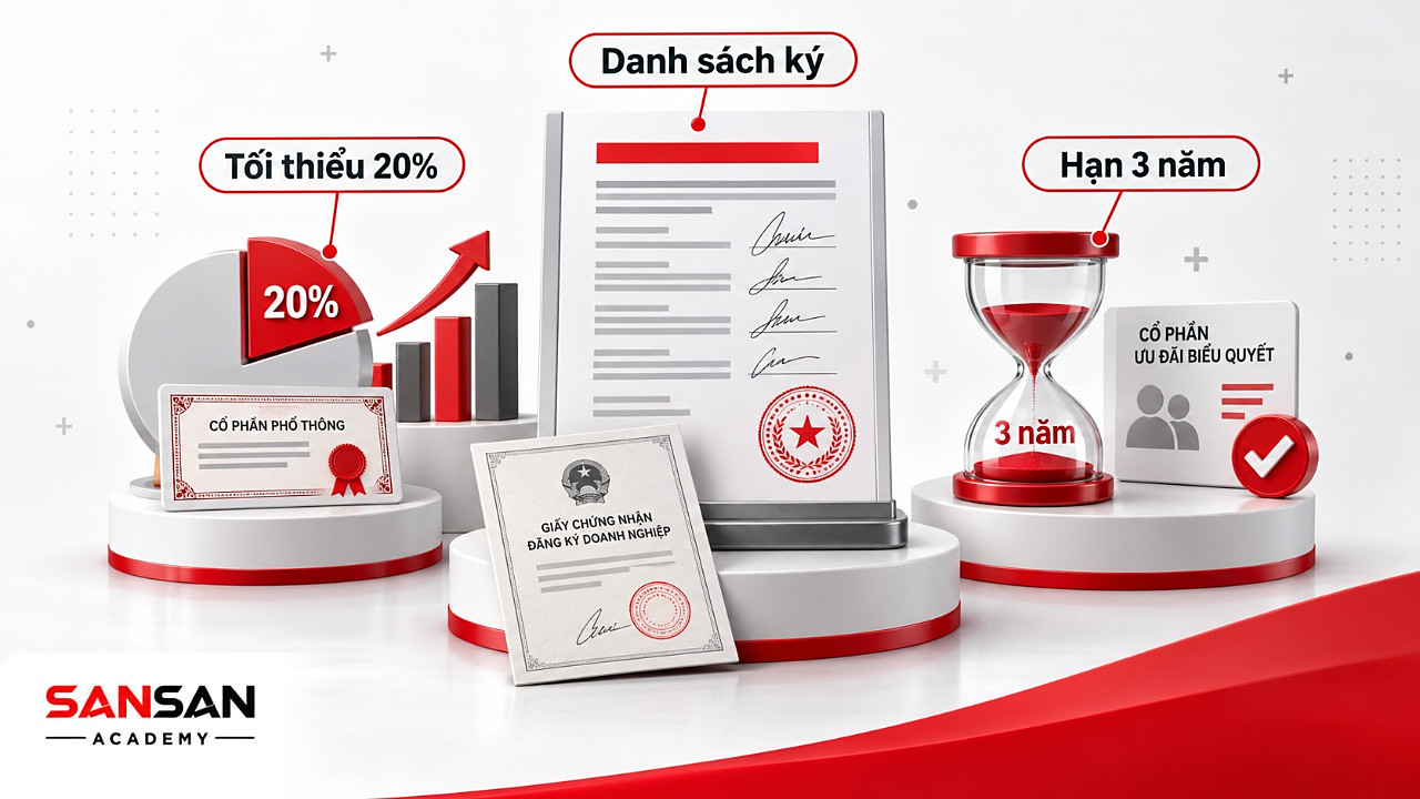 Cổ đông sáng lập ký tên trong danh sách, cùng đăng ký tối thiểu 20% cổ phần phổ thông và ưu đãi trong 3 năm.