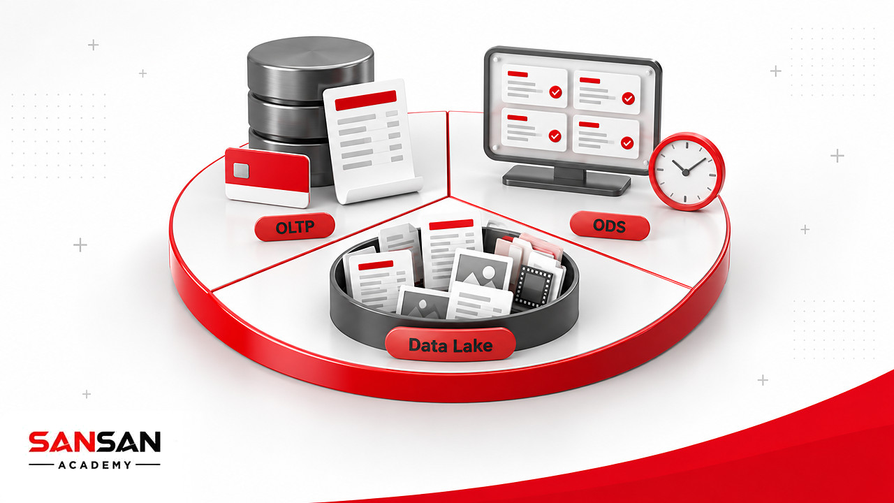 Ba bệ cạnh nhau thể hiện OLTP, Data Lake và ODS để phân biệt với Data Warehouse
