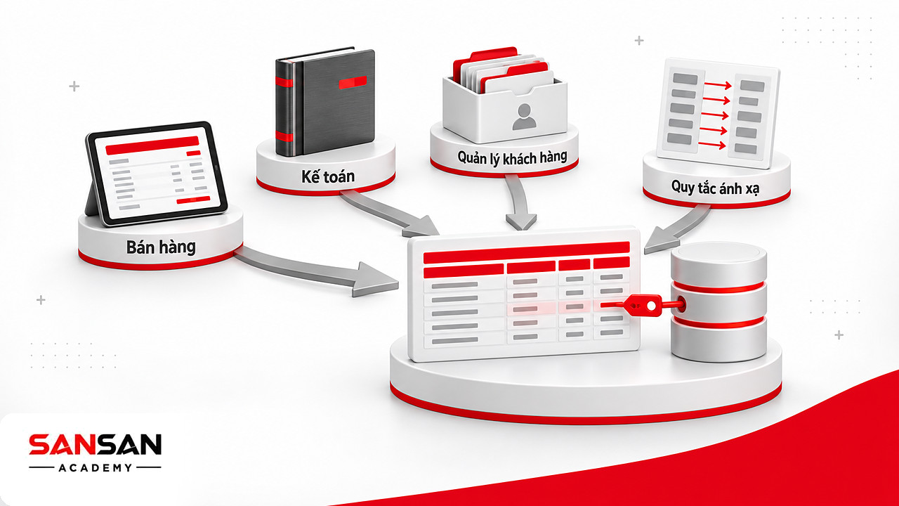 Dữ liệu bán hàng, kế toán, khách hàng và tệp nghiệp vụ dồn về một bảng thống nhất trong Data Warehouse