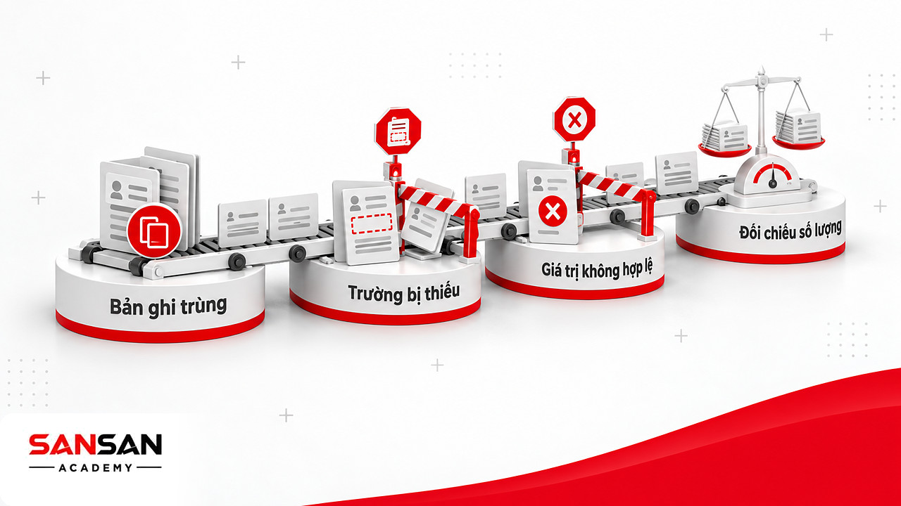 Các trạm rào chắn kiểm tra bản ghi trùng, trường thiếu và giá trị sai trước khi dữ liệu vào Data Warehouse