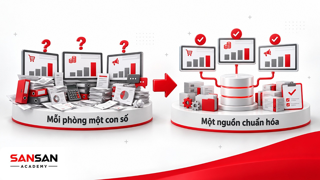 Trước và sau khi các phòng ban cùng lấy số từ Data Warehouse: từ mỗi nơi một con số tới một con số chung