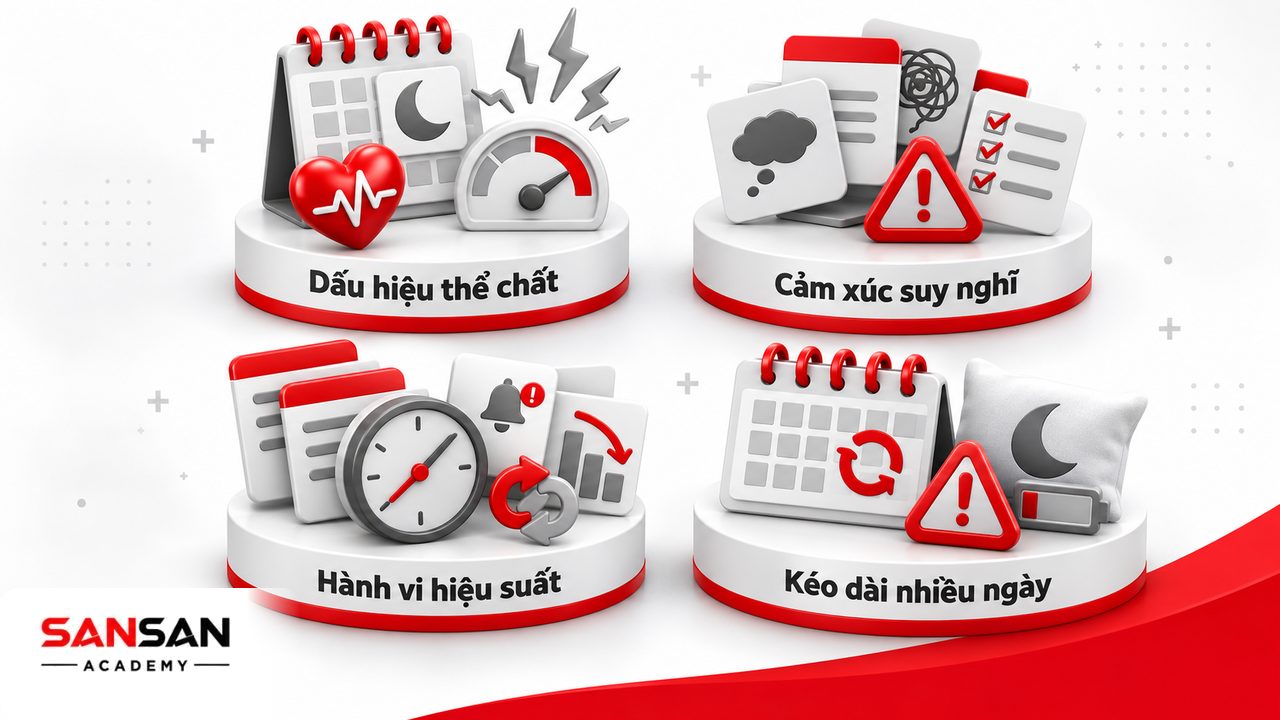 Dấu hiệu stress công việc gồm mất ngủ, đau đầu, khó tập trung, dễ cáu gắt, trì hoãn, mắc lỗi và mệt mỏi kéo dài.
