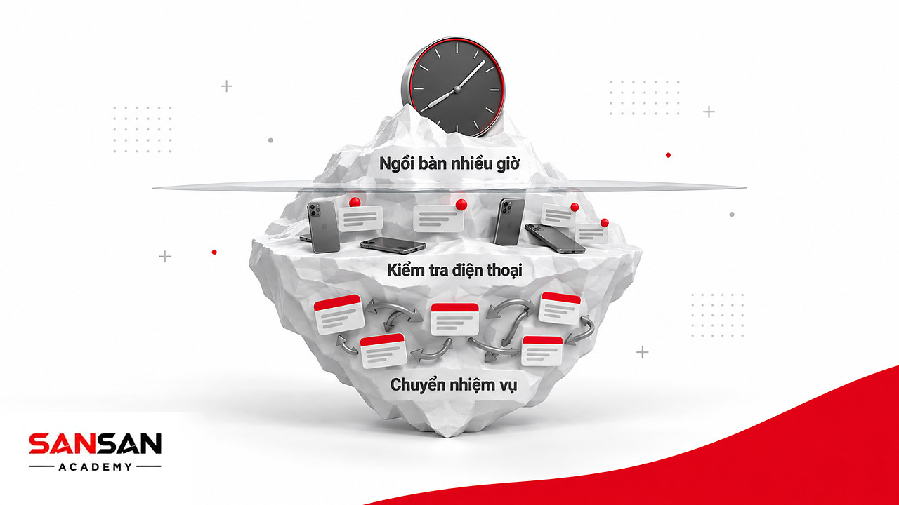 Tảng băng với giờ ngồi dài ở phần nổi và các lần xem điện thoại ẩn dưới, nhầm lẫn thường gặp về Deep Work