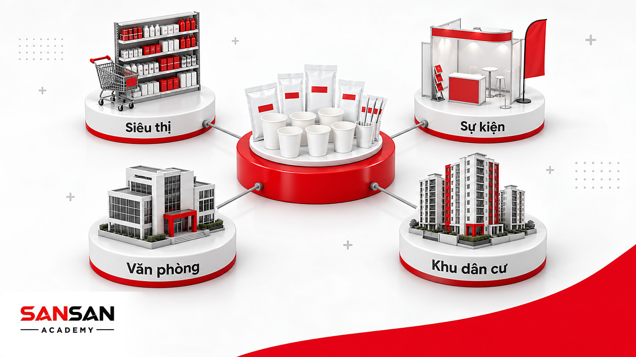 Khay mẫu thử ở tâm nối kệ siêu thị, gian hàng sự kiện, tòa văn phòng và khu chung cư, các địa điểm làm sampling