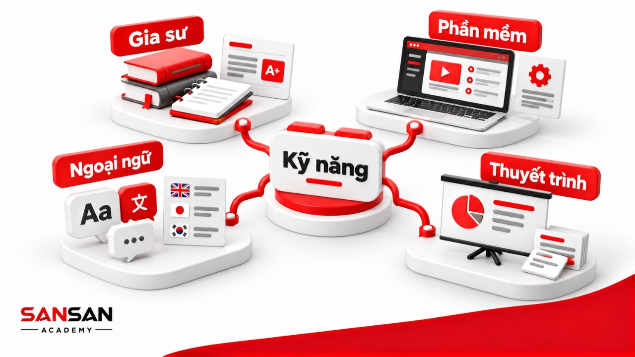Các lĩnh vực gia sư, phần mềm, ngoại ngữ và thuyết trình.