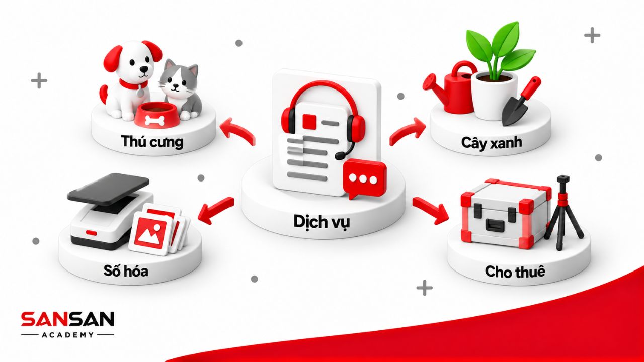 Chăm sóc thú cưng, cây xanh, số hóa ảnh và cho thuê dụng cụ.