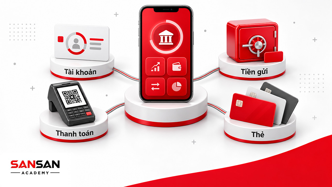 Ứng dụng ngân hàng số ở trung tâm nối với tài khoản, thanh toán QR, két tiền gửi và bộ thẻ ngân hàng