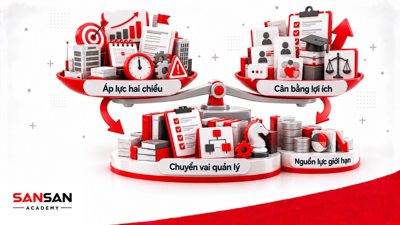 Điểm khó của quản lý cấp trung gồm áp lực hai chiều, cân bằng mục tiêu với nhu cầu nhân viên, chuyển vai quản lý và thiếu nguồn lực.