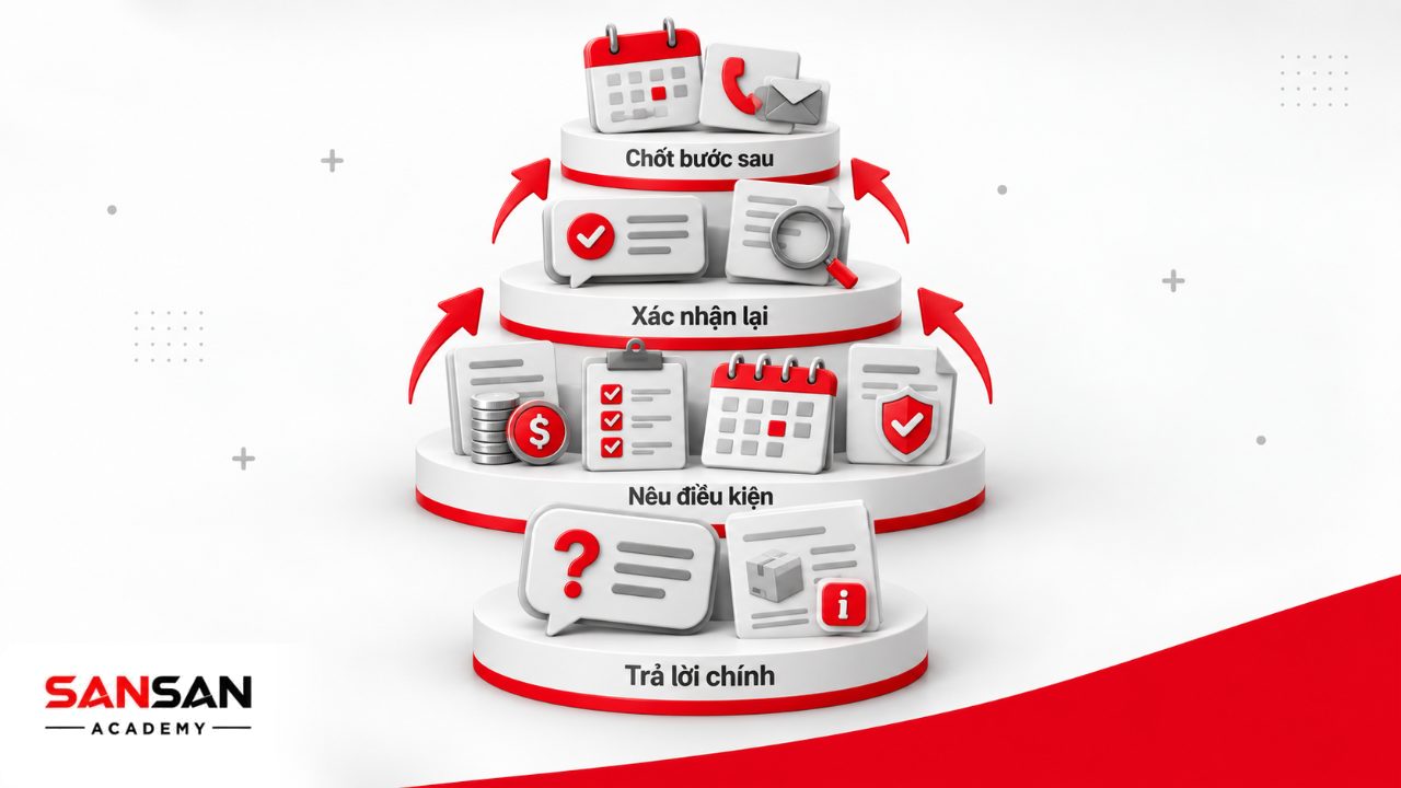 Giao tiếp với khách hàng rõ ràng bằng cách trả lời đúng câu hỏi, giải thích giá và điều kiện, rồi xác nhận bước tiếp theo.