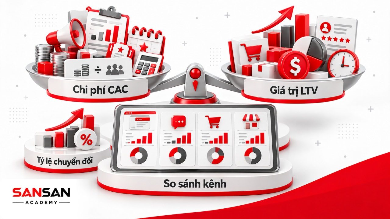 Đo lường thu hút khách hàng bằng CAC, tỷ lệ chuyển đổi theo kênh và so sánh chi phí tìm khách mới với giá trị vòng đời LTV.