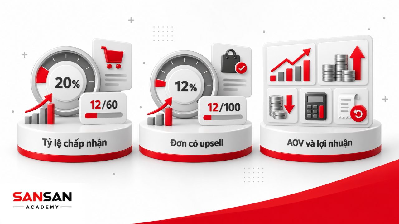 Bảng chỉ số đo hiệu quả upsell gồm tỷ lệ chấp nhận, tỷ lệ đơn có upsell, AOV, doanh thu tăng thêm, lợi nhuận và hoàn tiền.