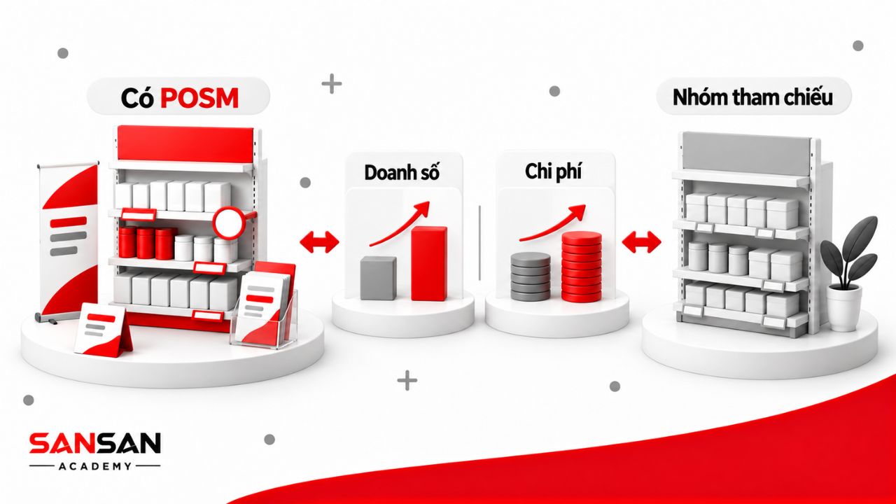 So sánh doanh số và chi phí giữa nhóm có POSM và nhóm tham chiếu