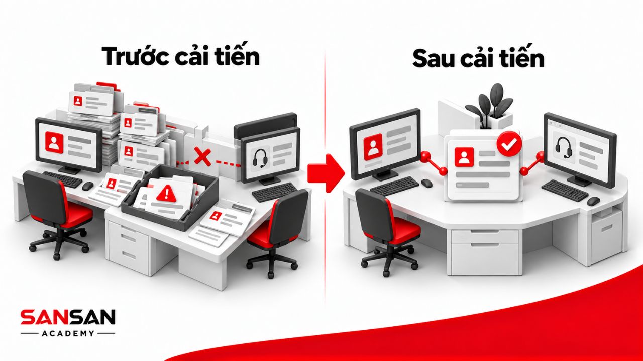 Infographic 3D so sánh quy trình trước và sau cải tiến, minh họa tinh thần chủ động đổi mới trong doanh nghiệp.