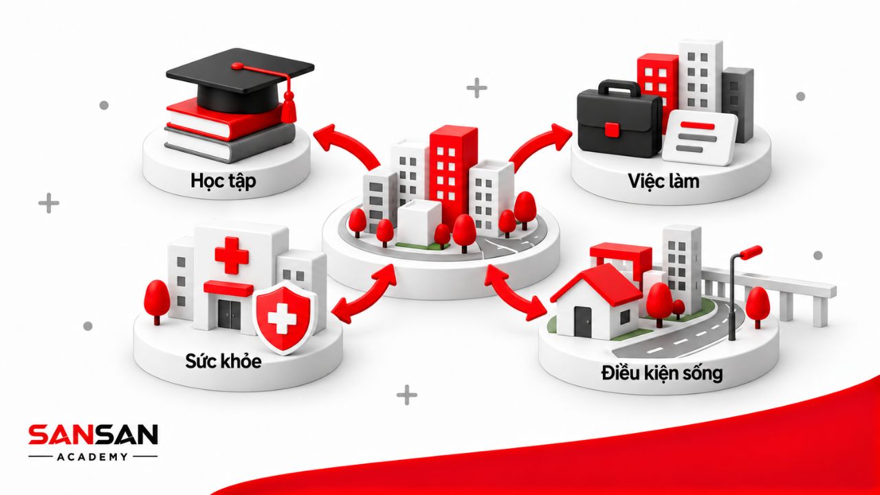 Học tập, việc làm, sức khỏe và điều kiện sống
