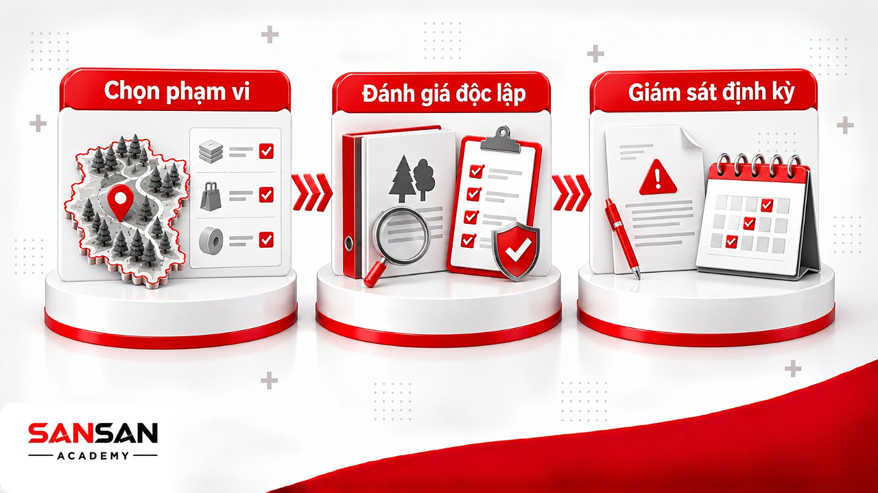 Ba chặng đạt và duy trì chứng nhận FSC gồm chọn phạm vi, đánh giá độc lập và giám sát định kỳ