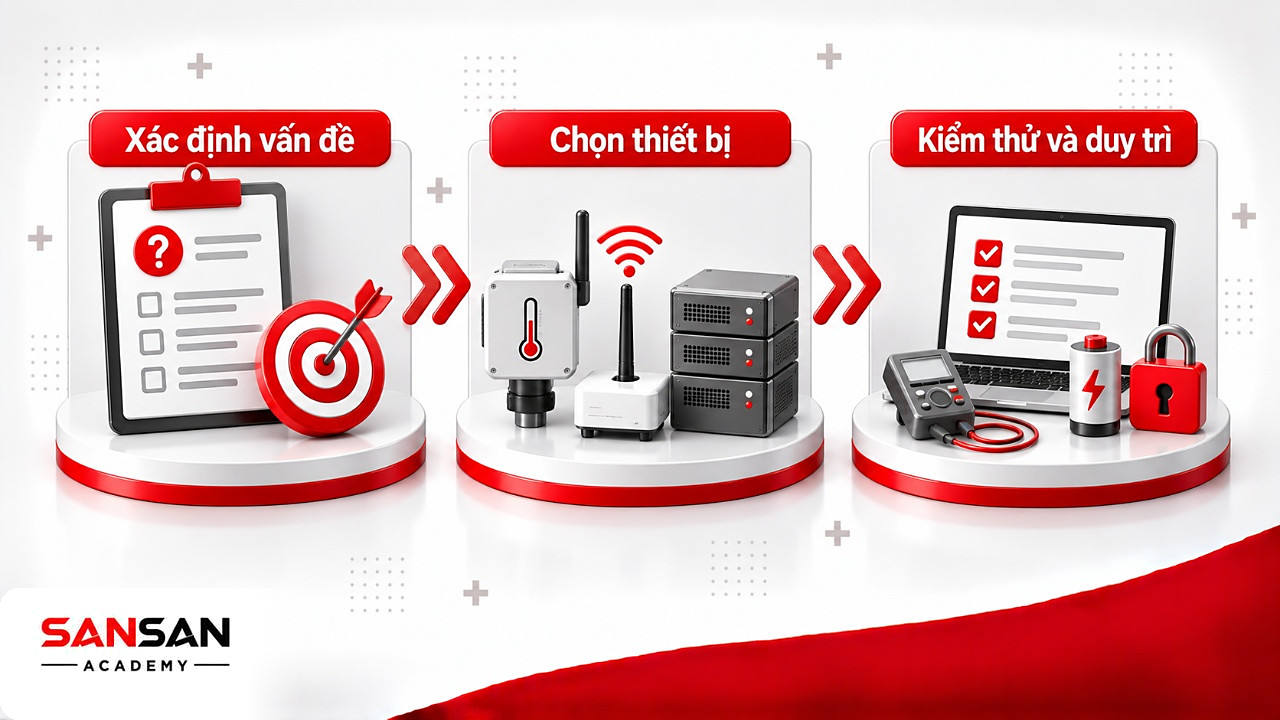 Dòng chảy ba bước xây dựng giải pháp IoT từ xác định vấn đề, chọn thiết bị đến kiểm thử và duy trì
