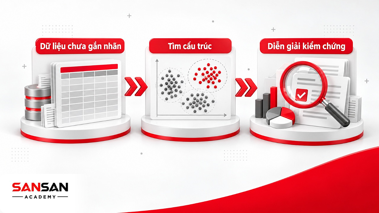Dòng chảy ba chặng của Unsupervised Learning: dữ liệu chưa gắn nhãn, tìm cấu trúc và diễn giải kiểm chứng