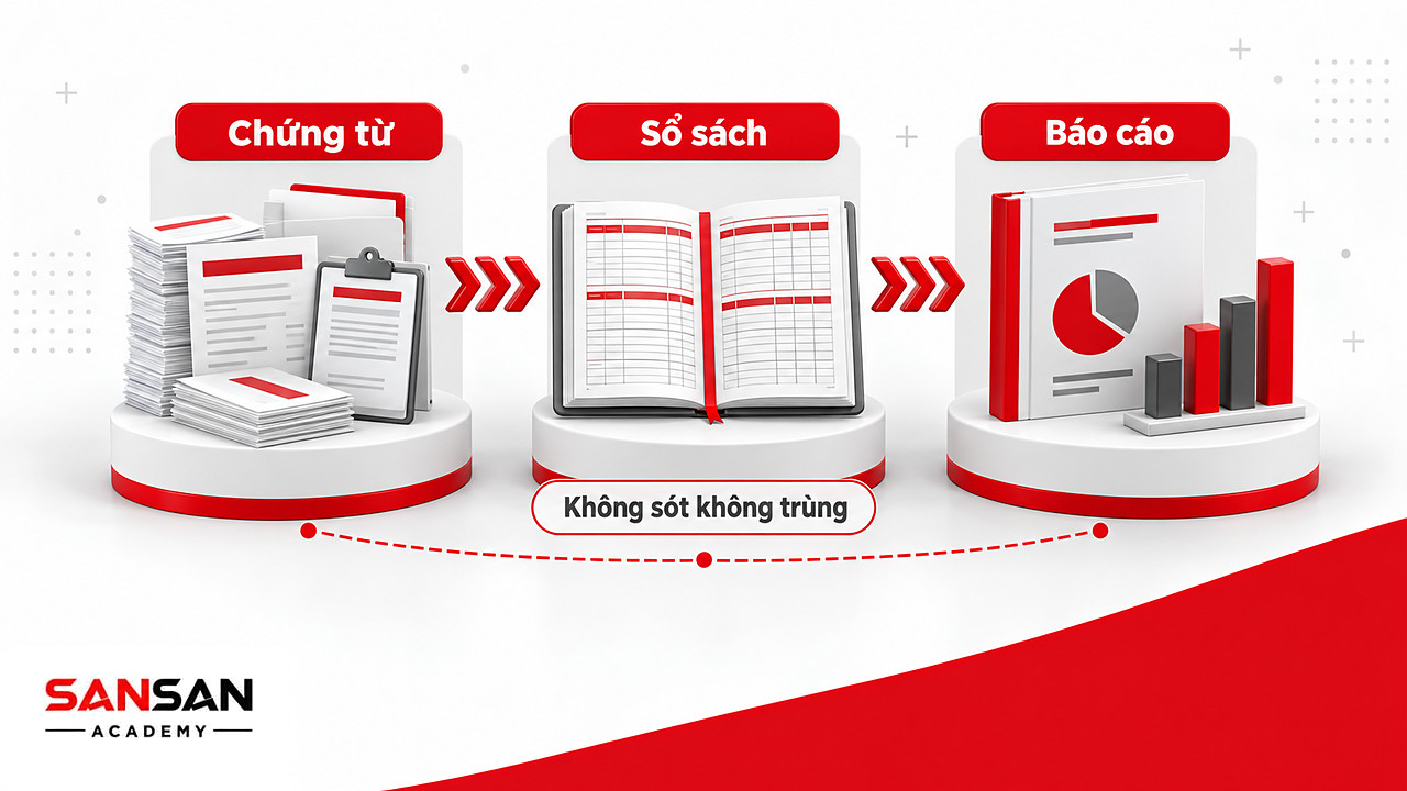 Dòng chảy ba chặng của công việc kế toán: chứng từ phát sinh, sổ sách và báo cáo