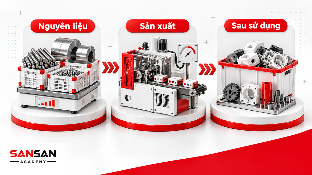 Ba chặng nguyên liệu, sản xuất và sau sử dụng trong quá trình chuyển đổi sang công nghiệp xanh