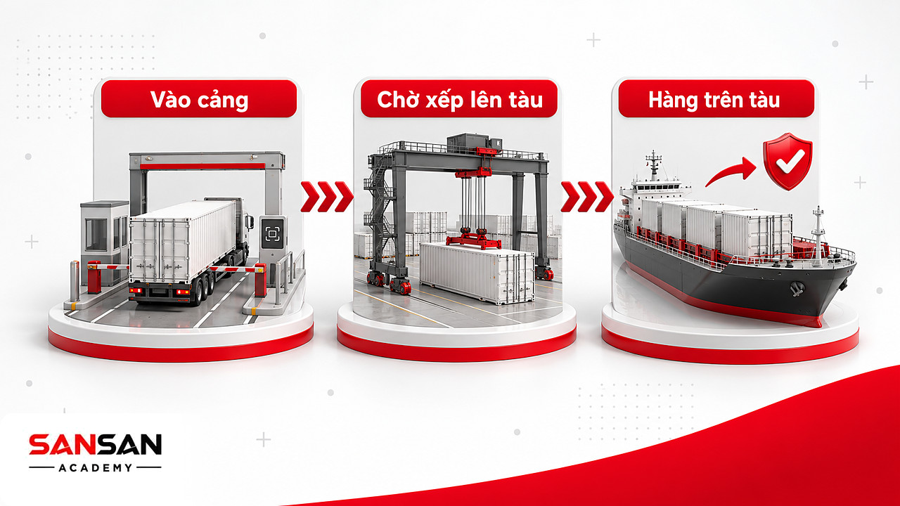 Ba chặng vào cảng, chờ xếp và hàng trên tàu cho thấy thời điểm rủi ro chuyển sang người mua theo FOB