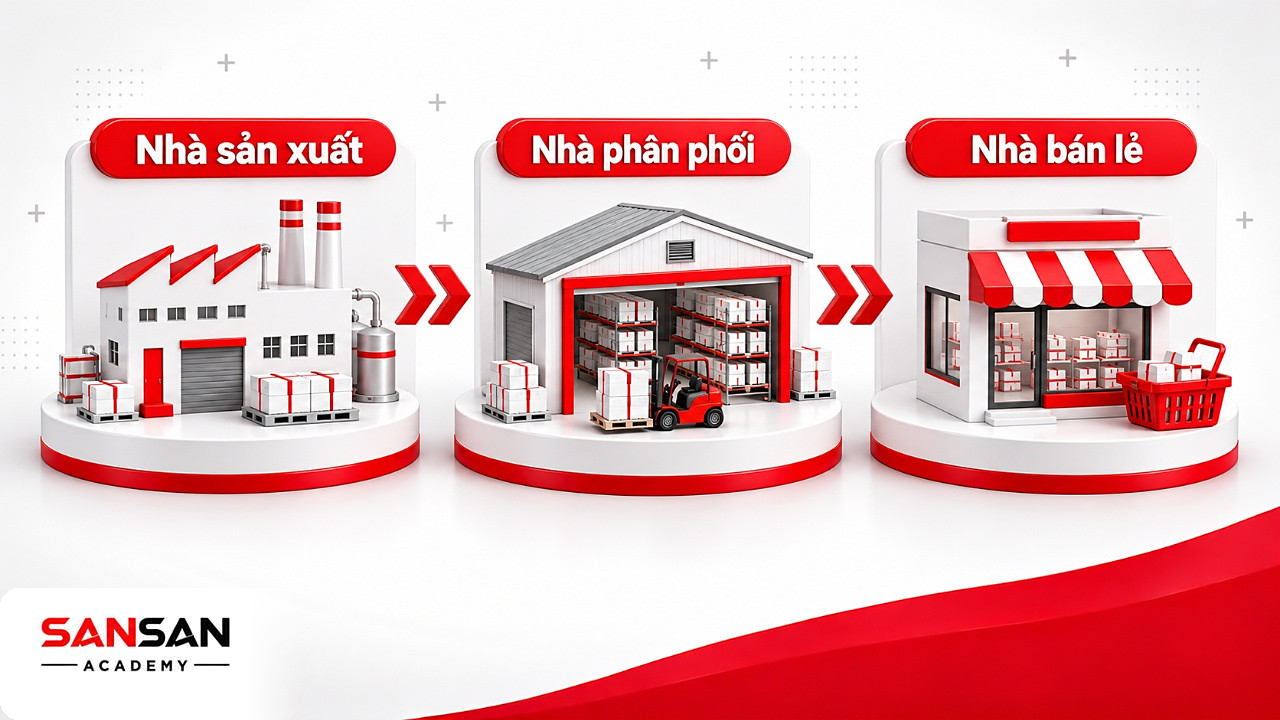 Ba chặng kênh phân phối gián tiếp: nhà sản xuất cấp hàng cho nhà phân phối rồi tới nhà bán lẻ