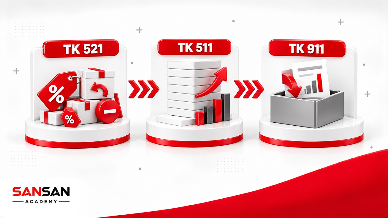 Dòng chảy kết chuyển doanh thu thuần: giảm trừ ở TK 521 sang TK 511, rồi doanh thu thuần sang TK 911