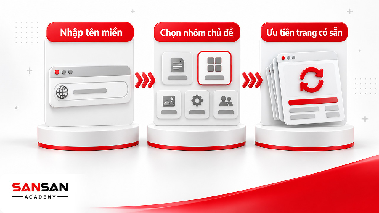 Ba chặng dùng phần mềm SEO nghiên cứu từ khóa: nhập tên miền, chọn chủ đề, ưu tiên trang có sẵn
