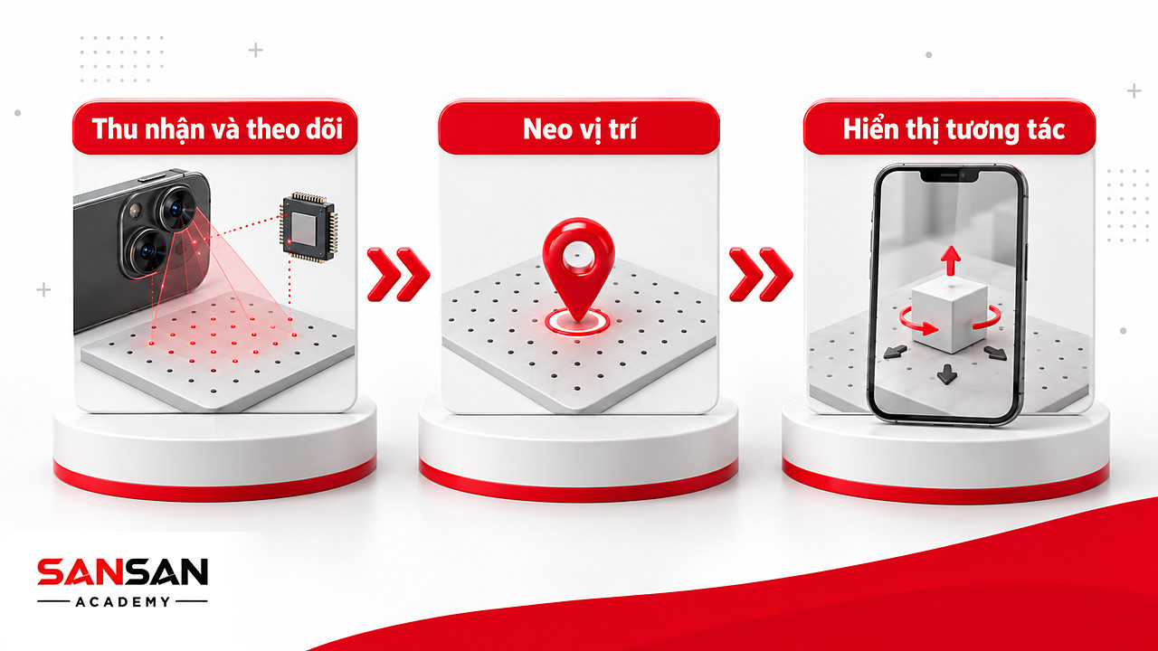 Ba chặng thu nhận hình ảnh, neo vị trí và hiển thị tương tác trong nguyên lý hoạt động của AR